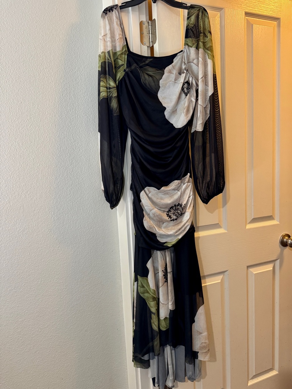 SHEIN Black Floral Mesh Long Sleeve Maxi Dress with White Blooms